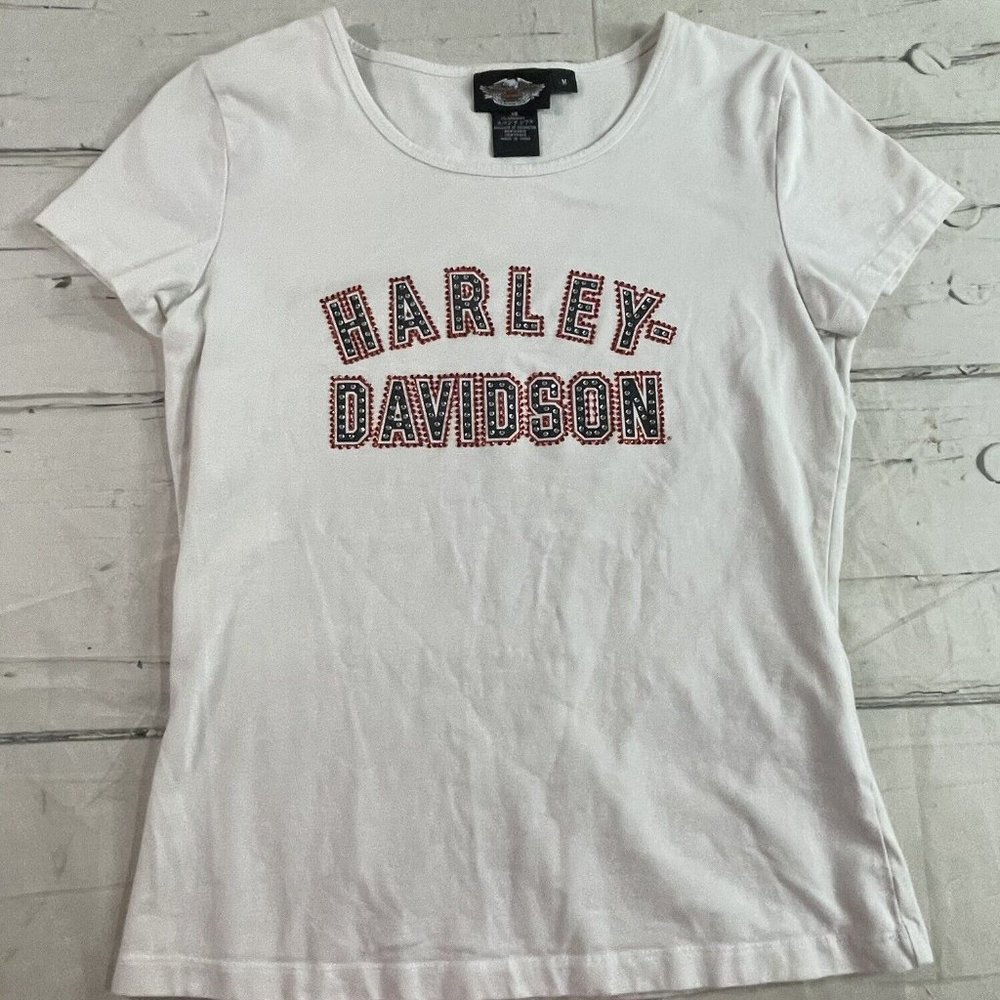Harley-Davidson Motorcycles Womens White Size Medium T Shirt Bling EUC